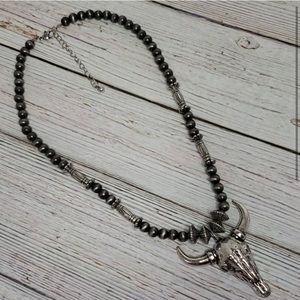 Western Steer Skull Silver Navajo Pearl Necklace